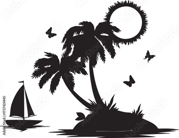 Fototapeta Island with palm and ship silhouettes. Ship, sun, tropical sea island with palm trees and butterflies, black silhouettes and contours on white background. Vector
