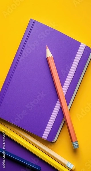 Fototapeta Purple notebook and pencils on yellow background