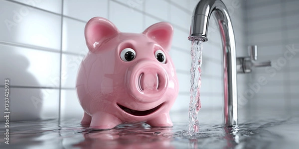 Obraz Water Conservation Concept. Close-up of a pink ceramic piggy bank smiling at camera beside a modern faucet pouring water. A symbolic and powerful image about saving water. Generative Ai.