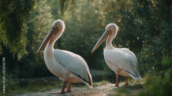 Obraz Two great white pelicans standing on the ground in natural environment. High quality 4k footage