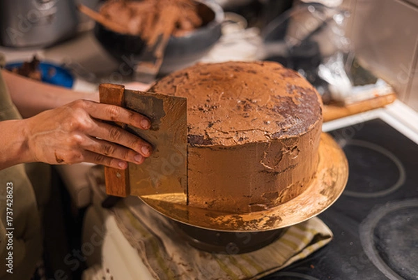 Fototapeta Smoothing Chocolate Cake Frosting with Scraper Tool