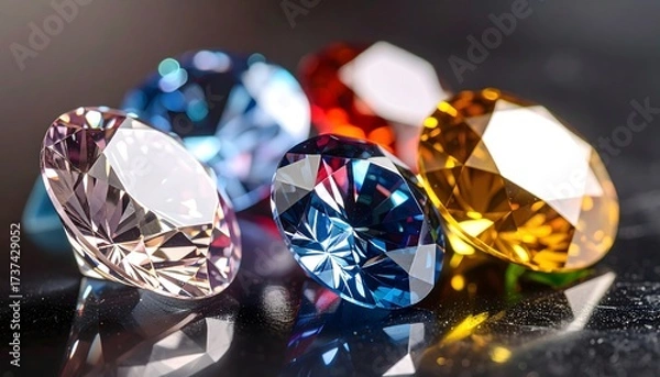 Fototapeta A close-up of several vibrant, faceted gems or jewels in various colors like blue, yellow, and red. They rest on a dark, reflective surface, showcasing luxury and brilliance.
