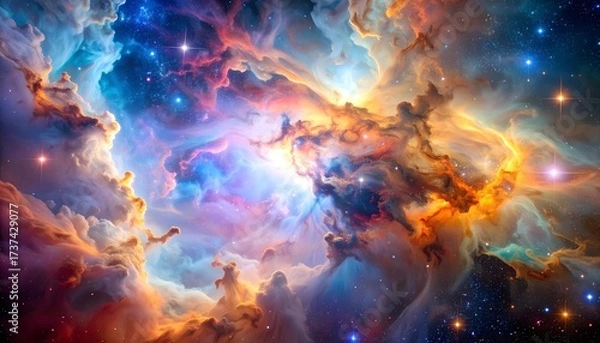 Fototapeta A breathtaking, vibrant cosmic nebula exploding with clouds of gas and dust in rich colors of orange, blue, and purple. The scene is scattered with shining stars