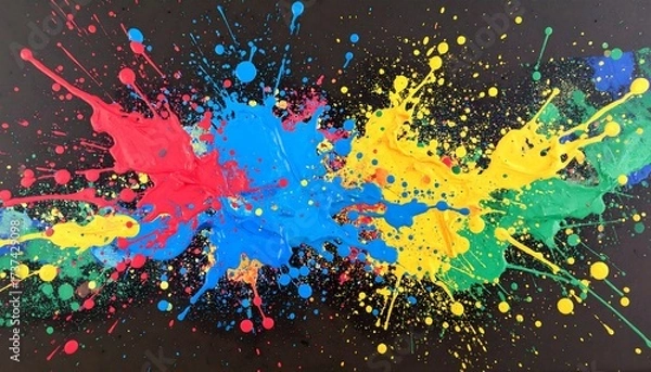 Fototapeta A powerful horizontal burst of vibrant paint splashes in primary colors?red, blue, yellow, and green?across a black background. This abstract image illustrates creative ideas and artistic expression.