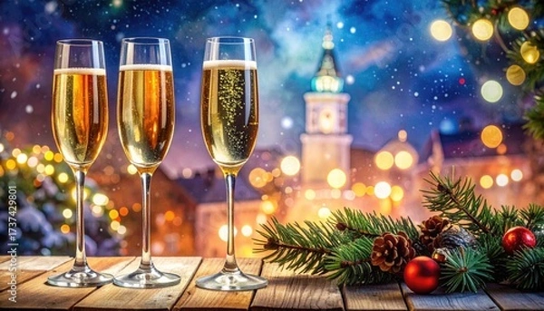 Fototapeta Two glasses of champagne on a festive bokeh background. Merry Christmas and happy new year