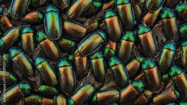 Obraz AI-GENERATED Macro Background of Iridescent Jewel Beetle Pattern – Vibrant Metallic Exoskeletons, Blue Green Copper Insects, Nature Texture for Creative Designs