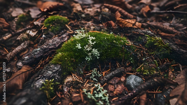 Obraz AI-Generated Macro of bright green moss on the rock in a spring forest, where young leaves and grass show growth