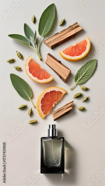 Fototapeta Elegant fragrance composition with grapefruit and sage for aromatherapy and wellness.