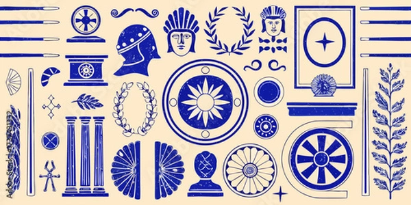 Fototapeta Collection of ancient greek and roman symbols and ornaments in blue on a beige background