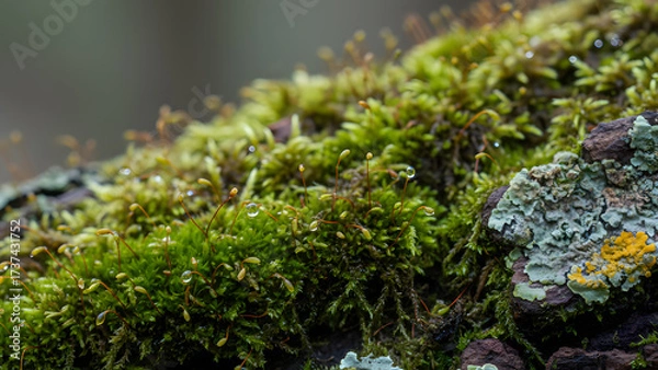 Fototapeta AI-Generated Moss growing on a tree trunk in a green forest, background image