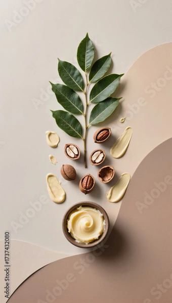 Fototapeta flat lay with shea butter bowl placed at base, above it arranged a minimalist bouquet of shea tree leaves, open nut shells and buttery textures