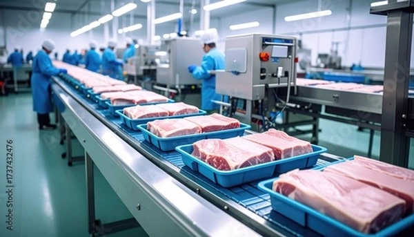 Fototapeta Food production facility for packaged meat items on a conveyor