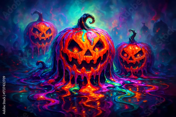 Fototapeta Neon-colored melting halloween jack-o-lanterns with dripping paint and vivid psychedelic colors