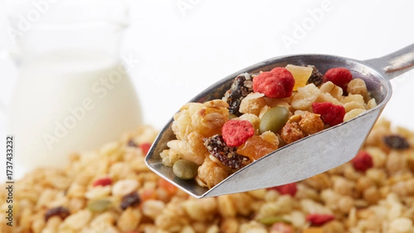 Obraz Fruit granola and milk on a white background