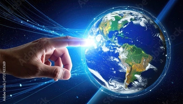 Fototapeta Hand touching digital hologram of Earth, glowing data streams, global connection concept 