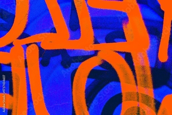 Fototapeta Vibrant abstract graffiti pattern with neon orange, blue colors. 90s, urban art style, bold lines, dynamic shapes. Posters, wallpapers, digital art, modern 90s, Y2K creative banner.