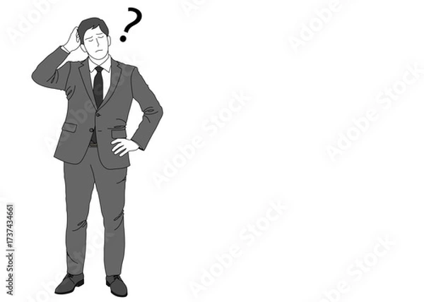 Fototapeta 疑問に悩むサラリーマン男性のイラスト 全身正面 モノクロ