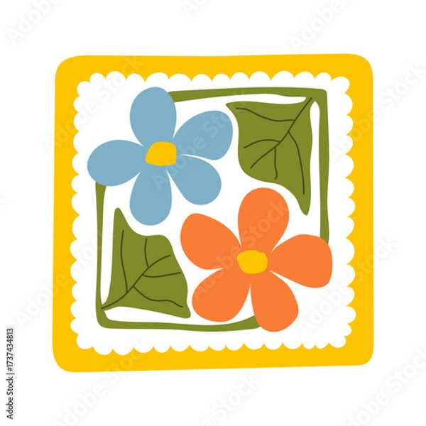 Fototapeta Hand-drawn colorful floral element in a decorative square frame with circular details. Abstract flower petals and leaf design. Perfect for scrapbooking, crafts, textile design, digital art, and decor.