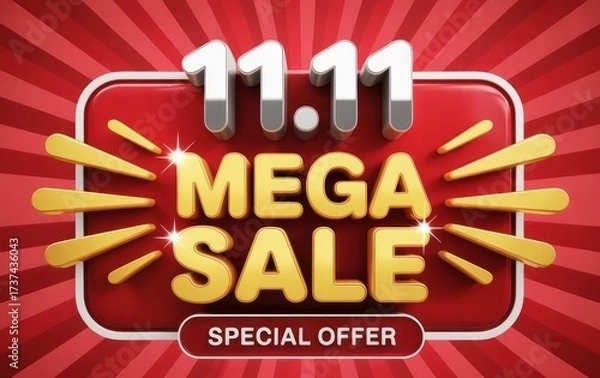 Fototapeta Mega sale 11.11 banner with red background and gold rays