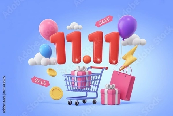 Fototapeta 3d rendering 11.11 shopping day sale with gift and balloon