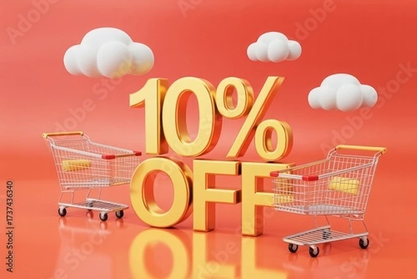 Fototapeta 10 percent off sale with shopping carts and clouds on red
