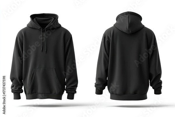 Fototapeta A plain black pullover hoodie, shown from front and back views against a white background; showcasing its simple, solid design and comfortable fit