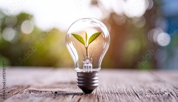 Fototapeta Lightbulb with a small green plant growing inside, on wooden table, natural light, symbol of creativity and growth