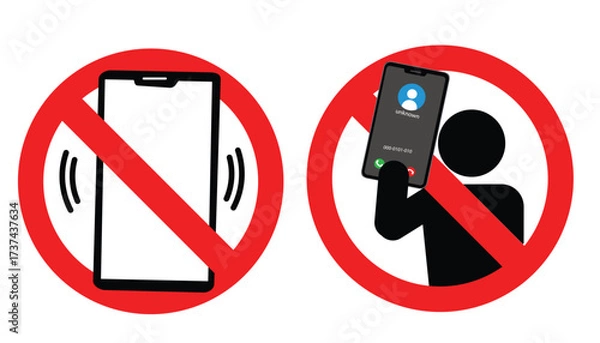 Fototapeta No calling mobile phone with prohibition sign red isolated on white background. Don't use mobile while driving a car. Icon vector Illustration.
