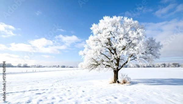 Fototapeta A solitary, majestic tree heavily covered in white frost stands in a vast, snow-covered field beneath a clear, bright blue winter sky, capturing a sense of peace and isolation.