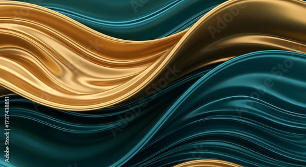 Fototapeta Abstract flowing gold and teal fabric waves background with smooth texture.