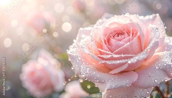 Fototapeta A breathtaking close-up of a soft pink rose covered in dewdrops, bathed in hazy sunlight and surrounded by sparkling bokeh, evoking romance and beauty.