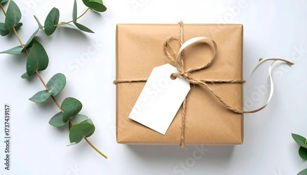 Fototapeta A minimalist gift box wrapped in brown kraft paper and twine, featuring a blank white tag and a eucalyptus branch, set against a white background for a natural and eco-friendly look.