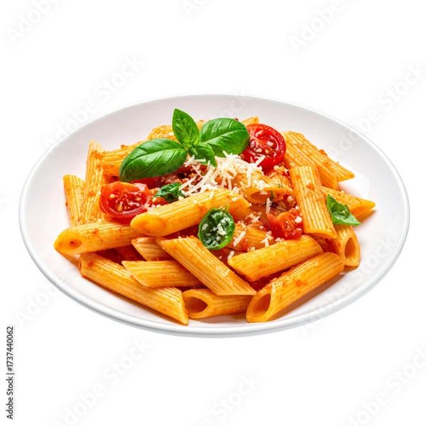 Fototapeta  Penne alla Vodka pasta in a pink tomato cream sauce isolated on white background, italian food collection 