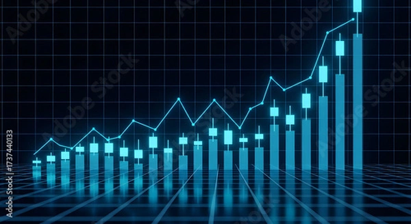 Fototapeta A glowing blue financial bar chart and line graph showing positive growth and upward trends on a digital grid background.