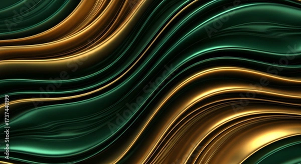 Fototapeta Abstract background of flowing metallic waves in luxurious gold and emerald green, creating a fluid and elegant design.
