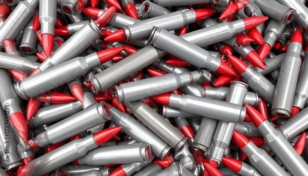 Fototapeta A detailed full-frame background of a dense pile of rifle ammunition with silver casings and bright red-tipped bullets, symbolizing war, conflict, and defense.