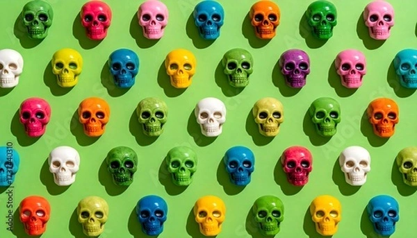 Fototapeta A seamless pattern of small, brightly colored miniature skulls on a vibrant green background, creating a spooky and playful Halloween or Day of the Dead concept.