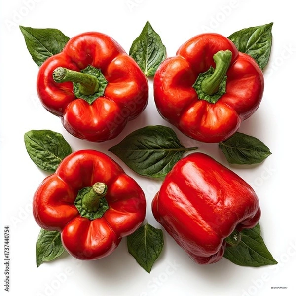 Fototapeta Four vibrant red bell peppers arranged symmetrically on a white background, adorned with fresh green leaves