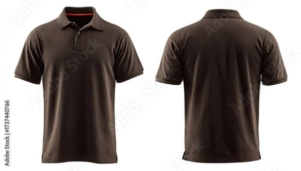 Fototapeta A chocolate-brown short-sleeved polo shirt shown from front and back, displaying a simple, classic design with a subtle orange inner collar