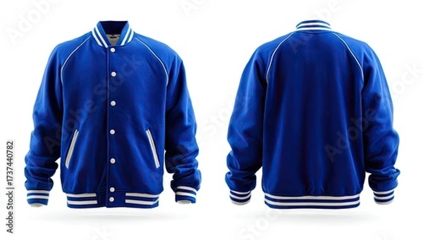 Fototapeta Vivid blue varsity jacket, front and back views, featuring white ribbed cuffs and collar, button closure, and clean design