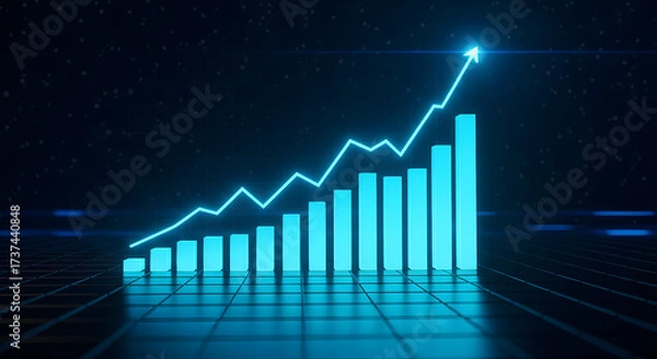 Obraz A glowing blue bar chart with an upward trending line graph indicating financial growth and success against a dark, starry background.