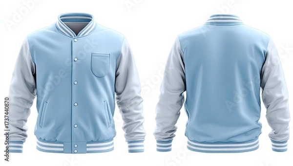 Fototapeta Light blue varsity jacket, front and back views, features white sleeves and ribbed cuffs and hem.  Small chest pocket