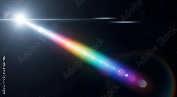 Fototapeta A brilliant starburst emits a vibrant rainbow light beam, creating a spectacular lens flare effect across a dark, cosmic background.
