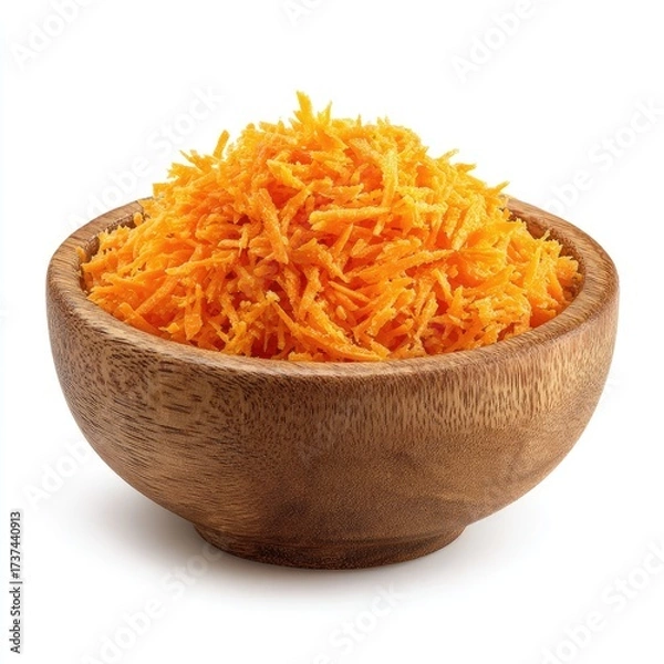 Fototapeta A small wooden bowl brimming with finely shredded, bright orange carrots, set against a stark white background (1)
