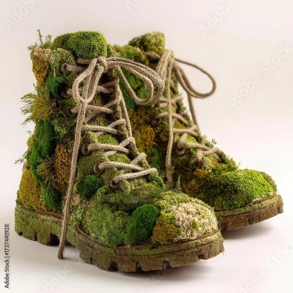 Fototapeta A pair of sturdy boots entirely covered in vibrant green moss and small yellow flowers, with beige laces, presented against a plain white background