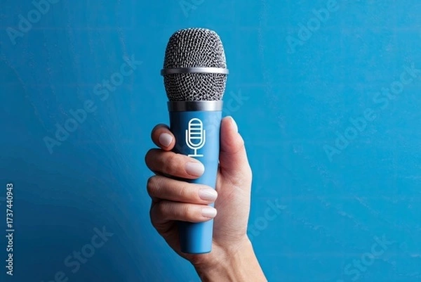 Fototapeta A hand holds a light blue microphone against a vibrant blue background; a microphone icon is subtly displayed on the mic