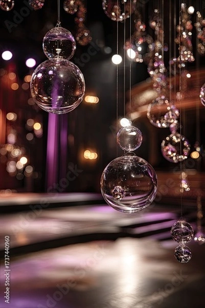 Fototapeta Suspended clear glass orbs of varying sizes hang in a dimly lit interior space, casting soft reflections on a stage-like setting with purple lighting