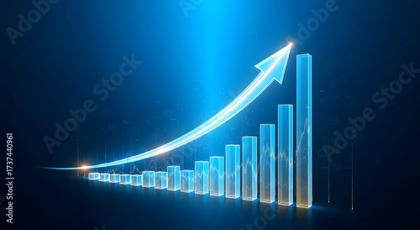 Fototapeta A glowing blue bar chart with an ascending arrow symbolizing growth and progress against a dark blue background, representing financial success.
