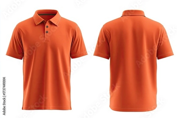 Fototapeta Two views of a solid burnt-orange short-sleeve polo shirt with a two-button placket, shown front and back on a white background
