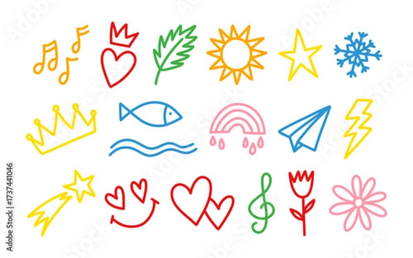 Fototapeta Set of hand drawn cute doodles for kids. Collection of baby doodle illustrations isolated on white background - crowns, musical and weather elements. Colorful elements - flowers, stars and hearts.